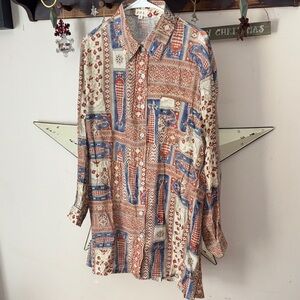 POL Women's Red and Blue Patterned Button Down Shirt dress